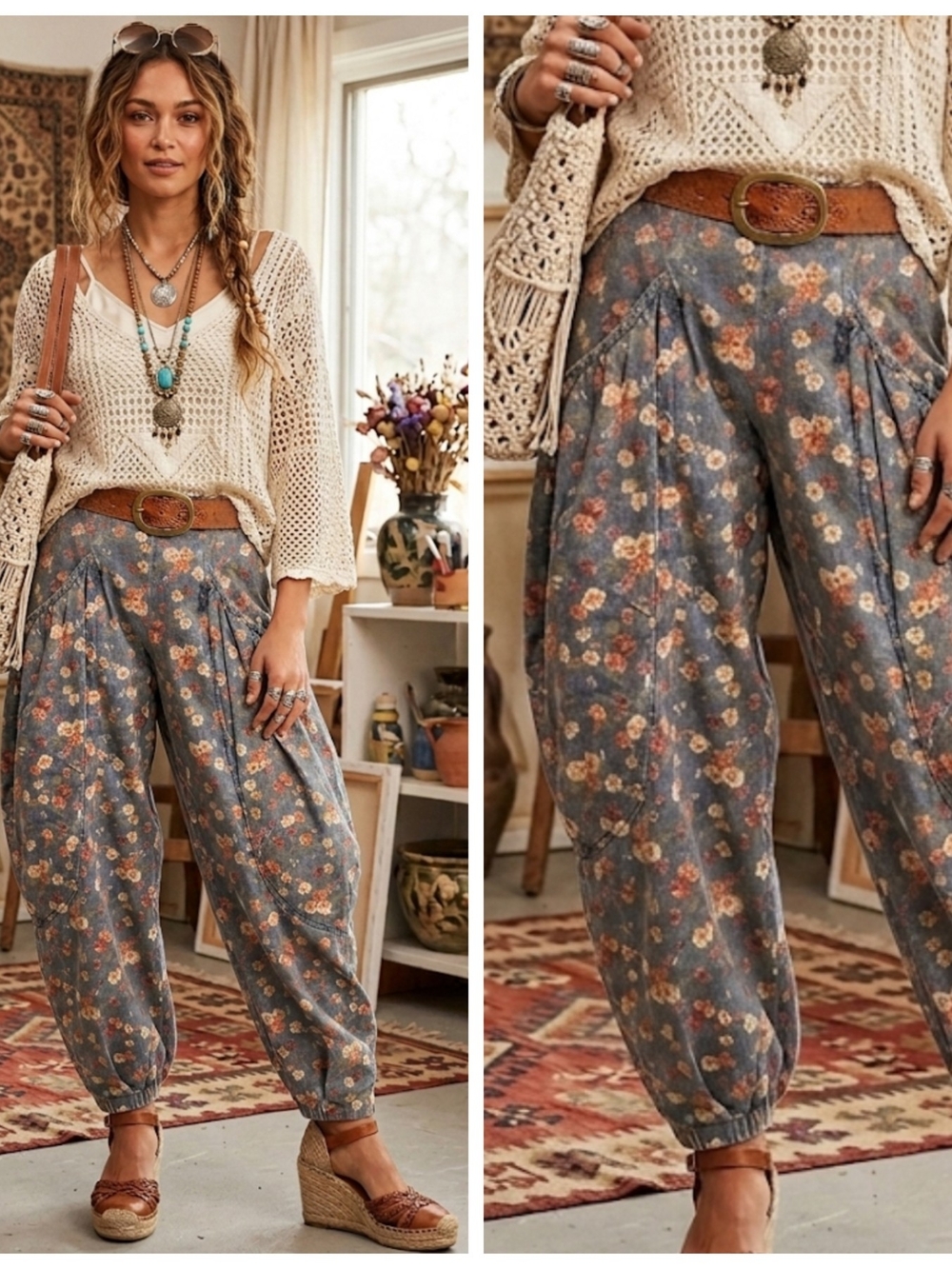 Boho Floral Pleated Harem Pants  - Coming 23rd